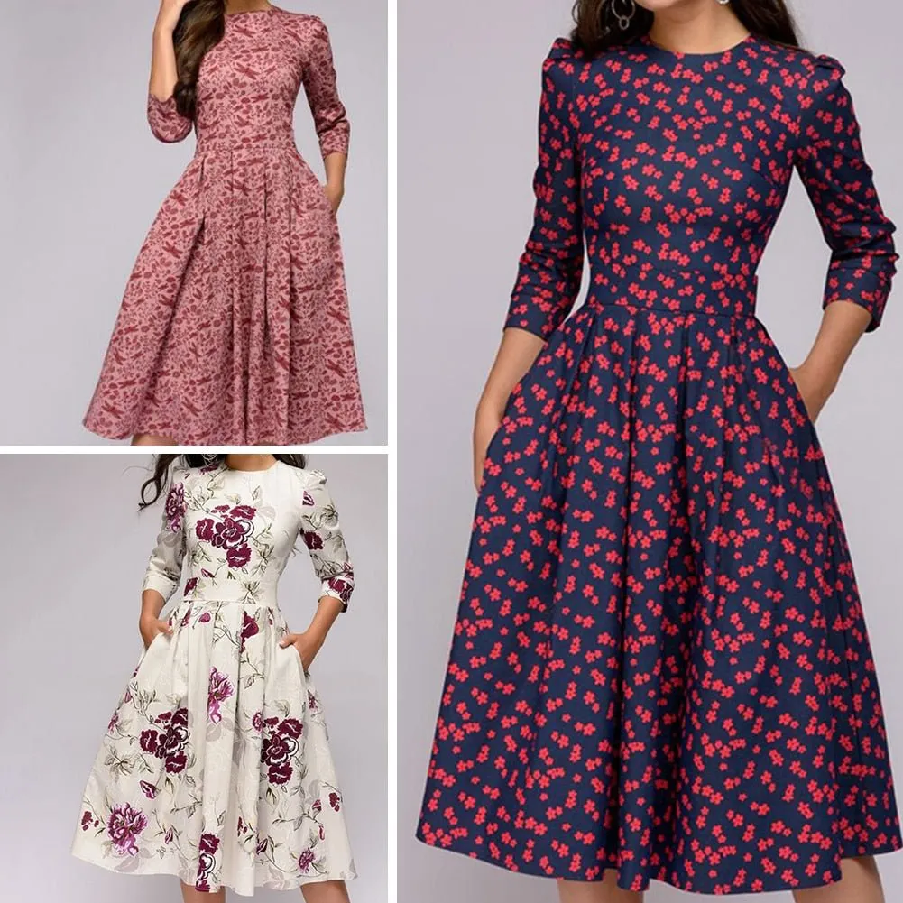 Women's Elegant Vintage Half Sleeve Floral Dress | Midi