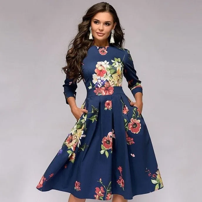 Women's Elegant Vintage Half Sleeve Floral Dress | Midi