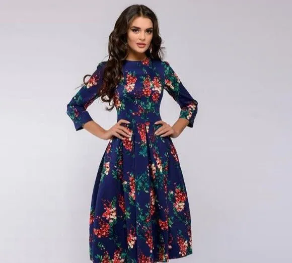 Women's Elegant Vintage Half Sleeve Floral Dress | Midi