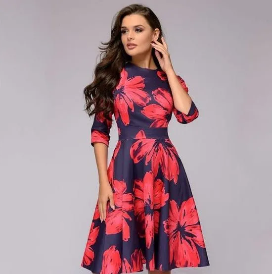 Women's Elegant Vintage Half Sleeve Floral Dress | Midi