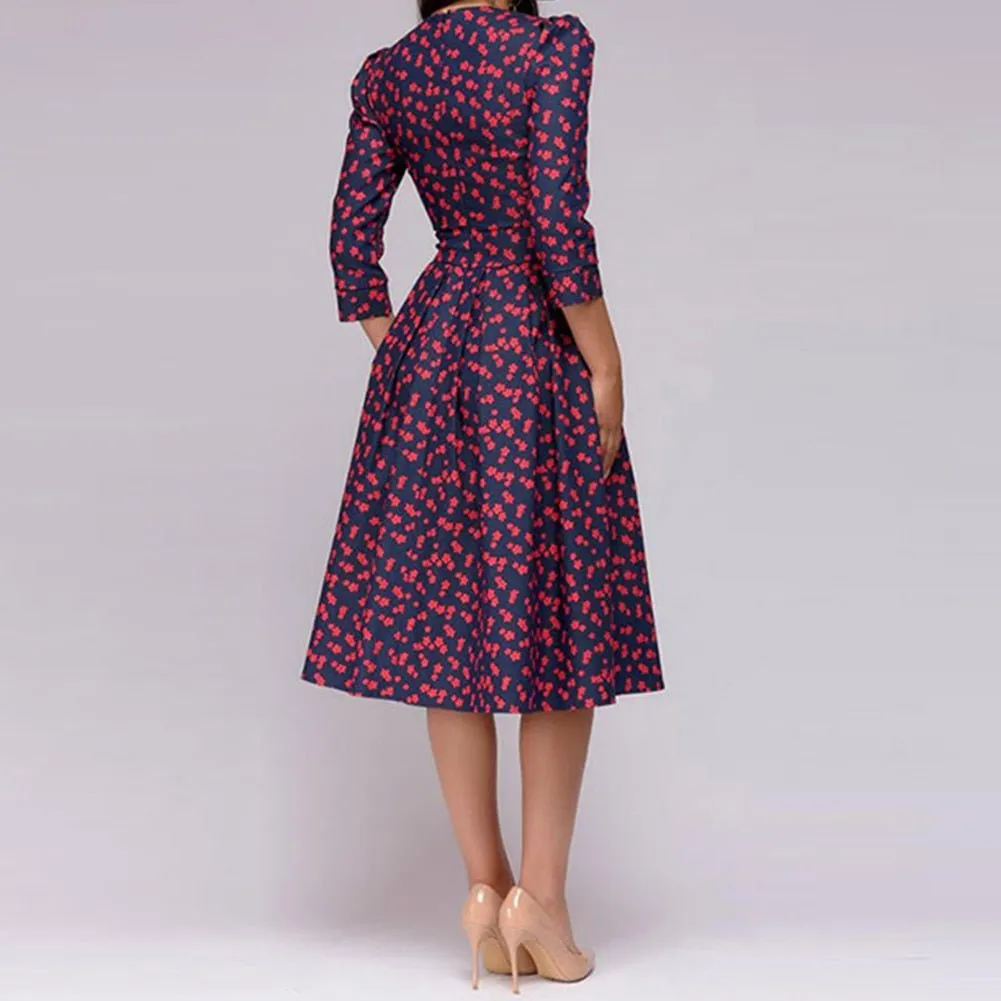 Women's Elegant Vintage Half Sleeve Floral Dress | Midi