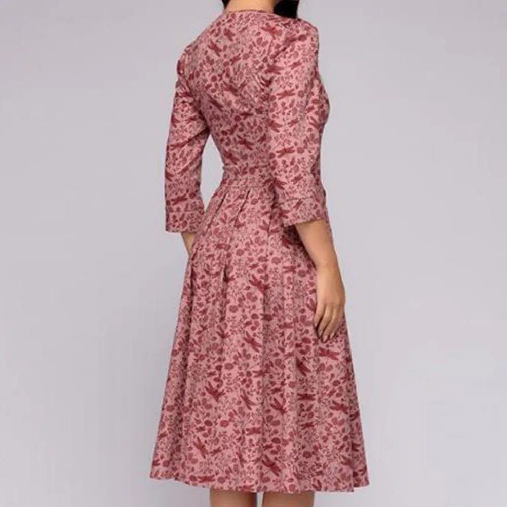 Women's Elegant Vintage Half Sleeve Floral Dress | Midi