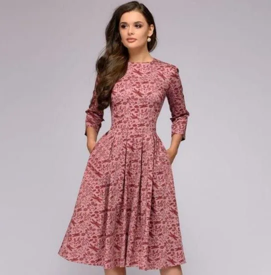 Women's Elegant Vintage Half Sleeve Floral Dress | Midi