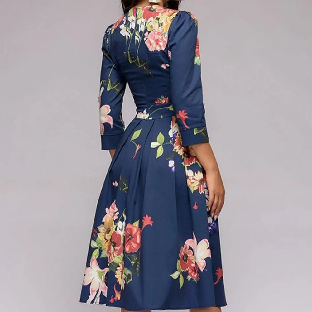 Women's Elegant Vintage Half Sleeve Floral Dress | Midi