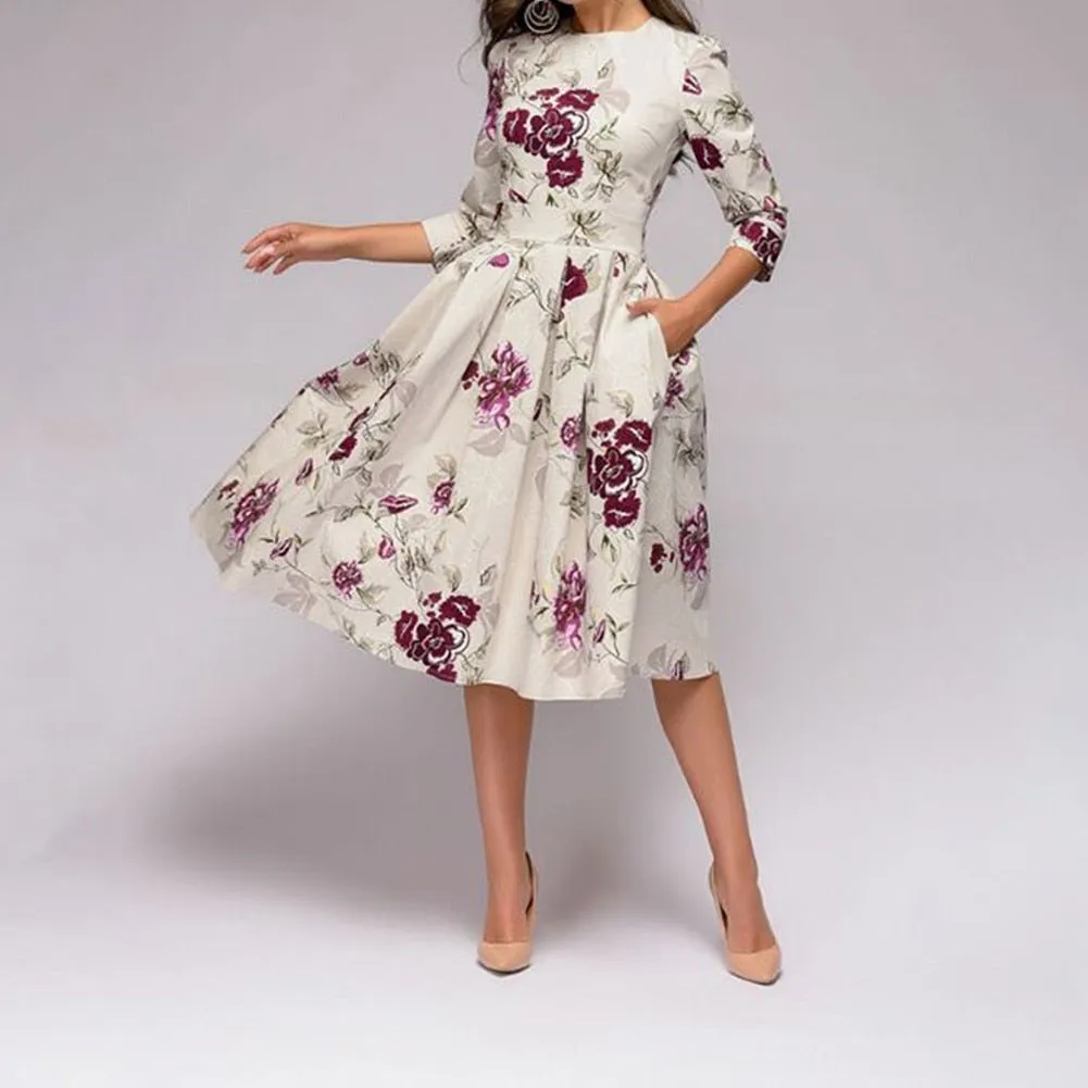 Women's Elegant Vintage Half Sleeve Floral Dress | Midi