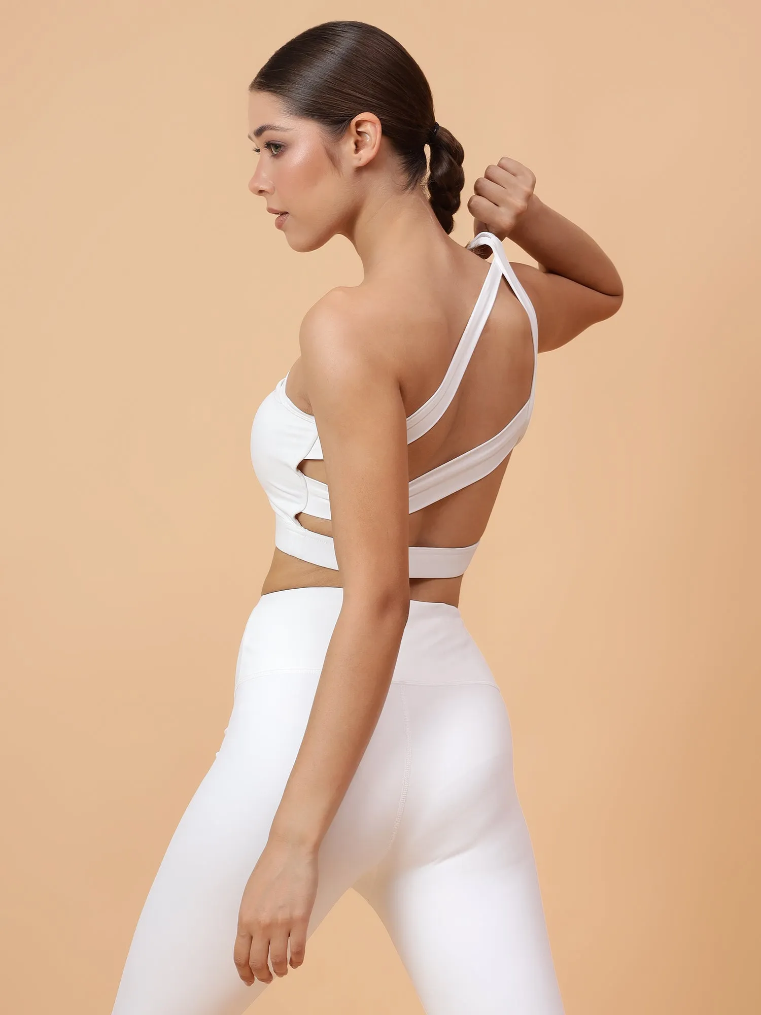 Women's One Shoulder With Mesh Pannel White Bra Lightly Padded