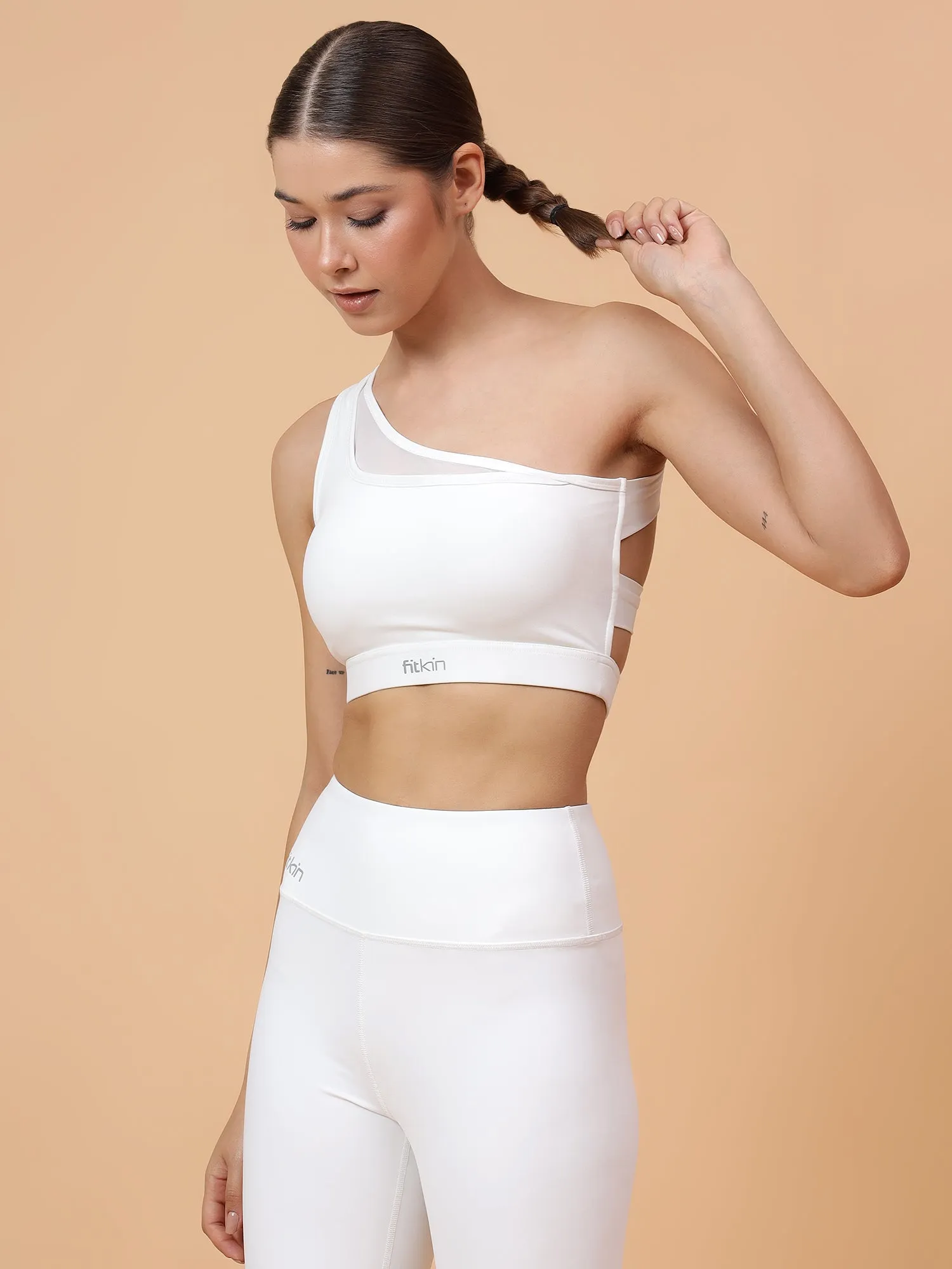 Women's One Shoulder With Mesh Pannel White Bra Lightly Padded