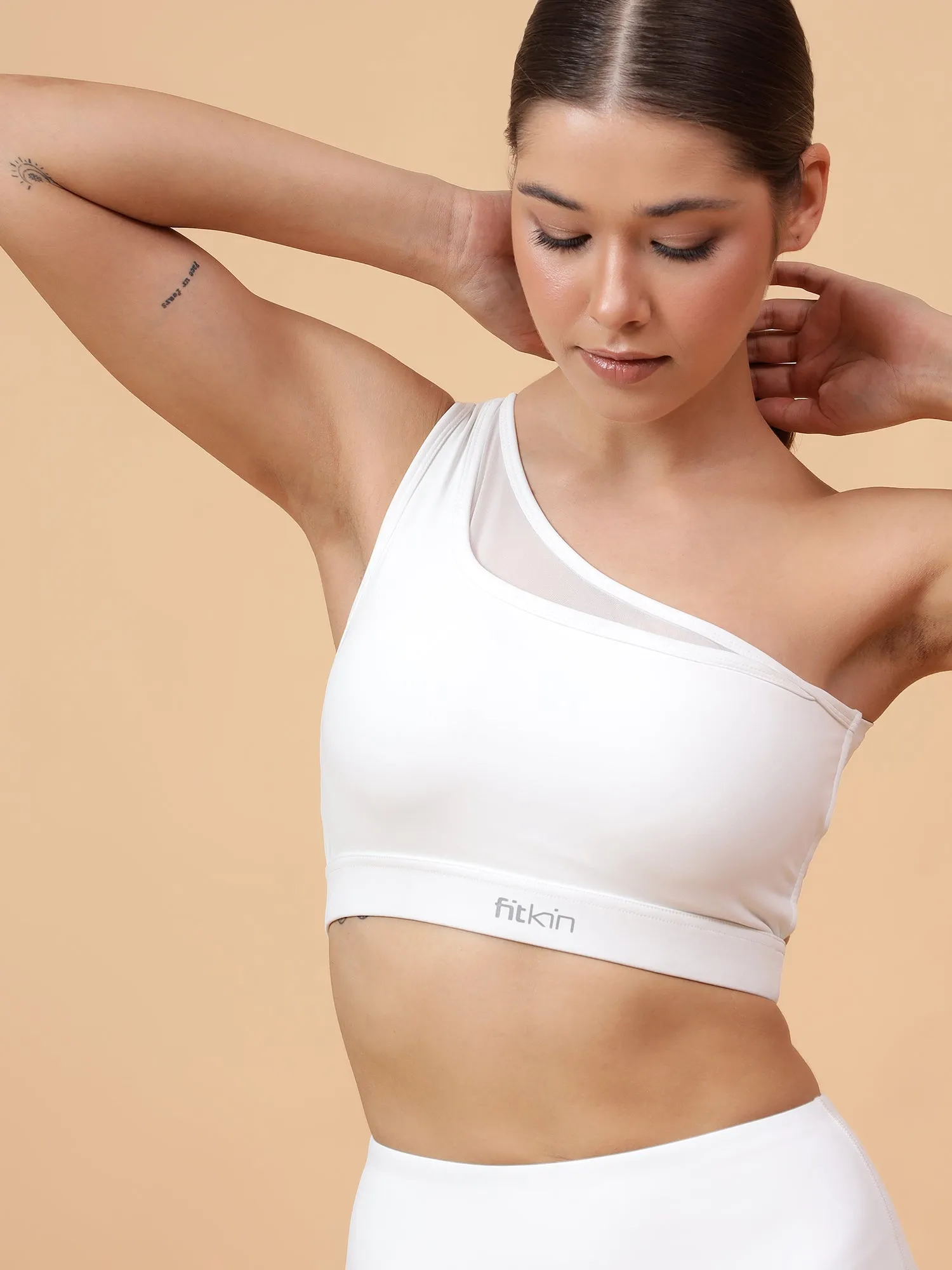 Women's One Shoulder With Mesh Pannel White Bra Lightly Padded