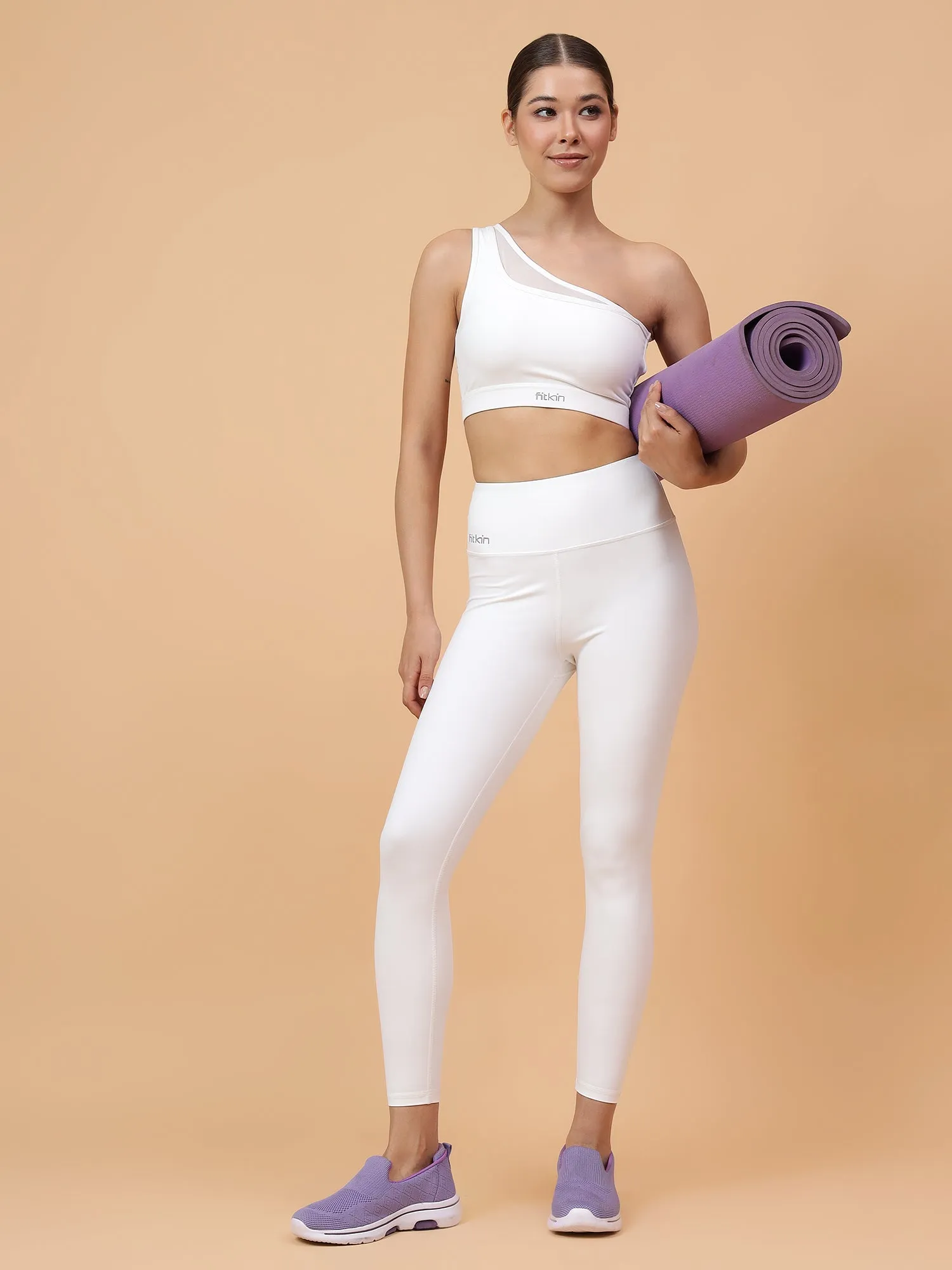 Women's One Shoulder With Mesh Pannel White Bra Lightly Padded