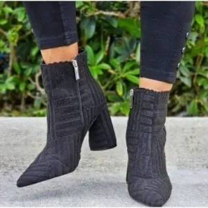 Women's Pointed Toe Zipper Chunky Heel Ankle Boots