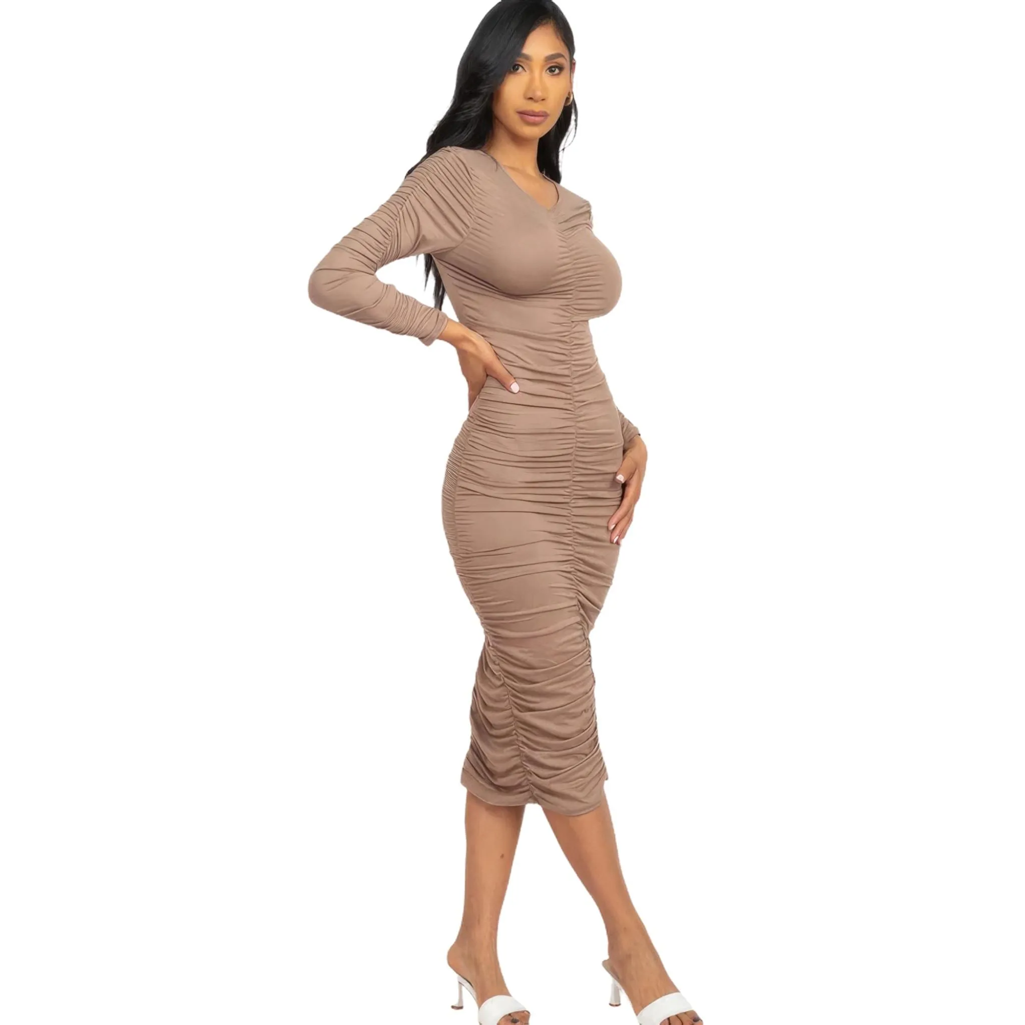 Women's Ruched Long Sleeve Midi Dress in Multiple Colors