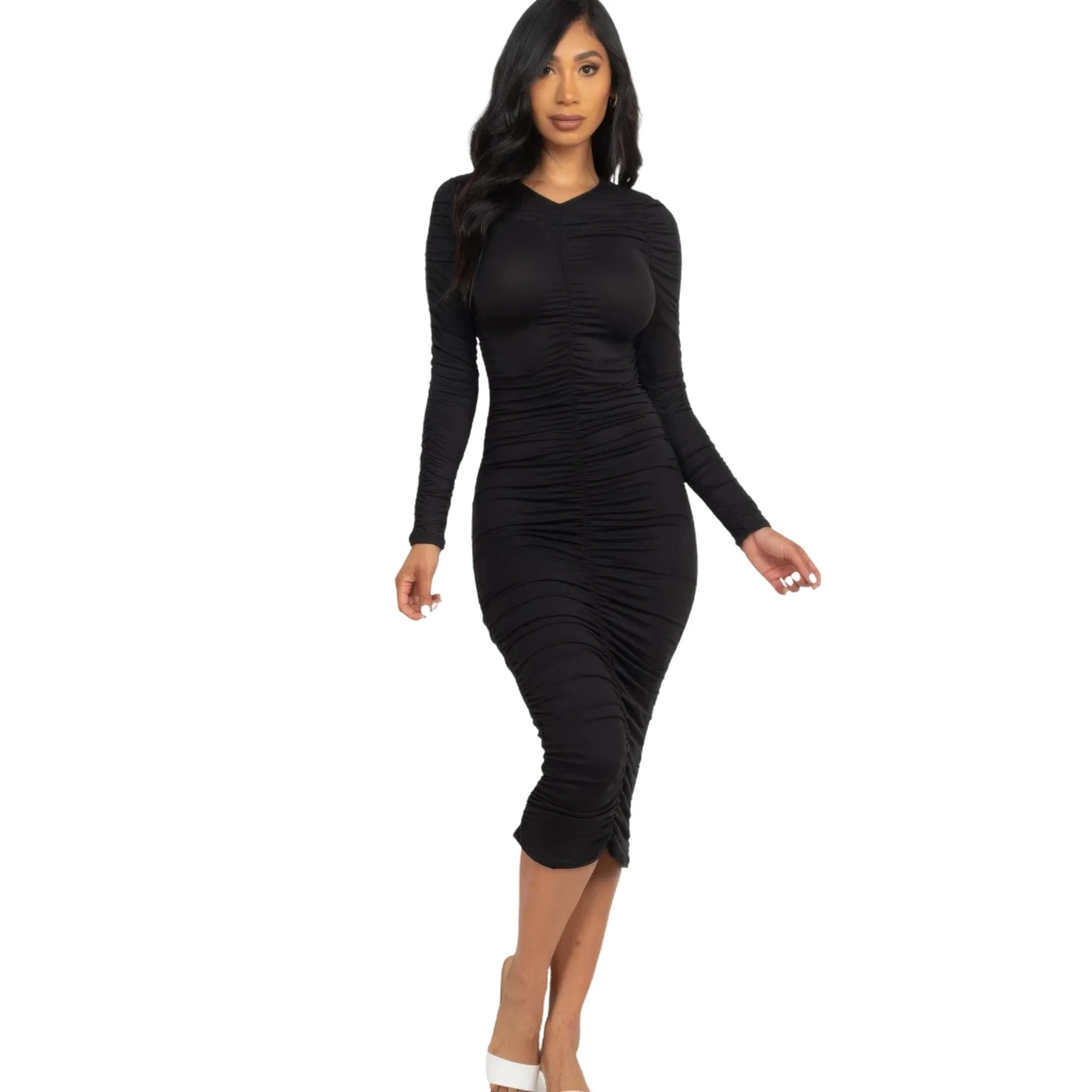 Women's Ruched Long Sleeve Midi Dress in Multiple Colors