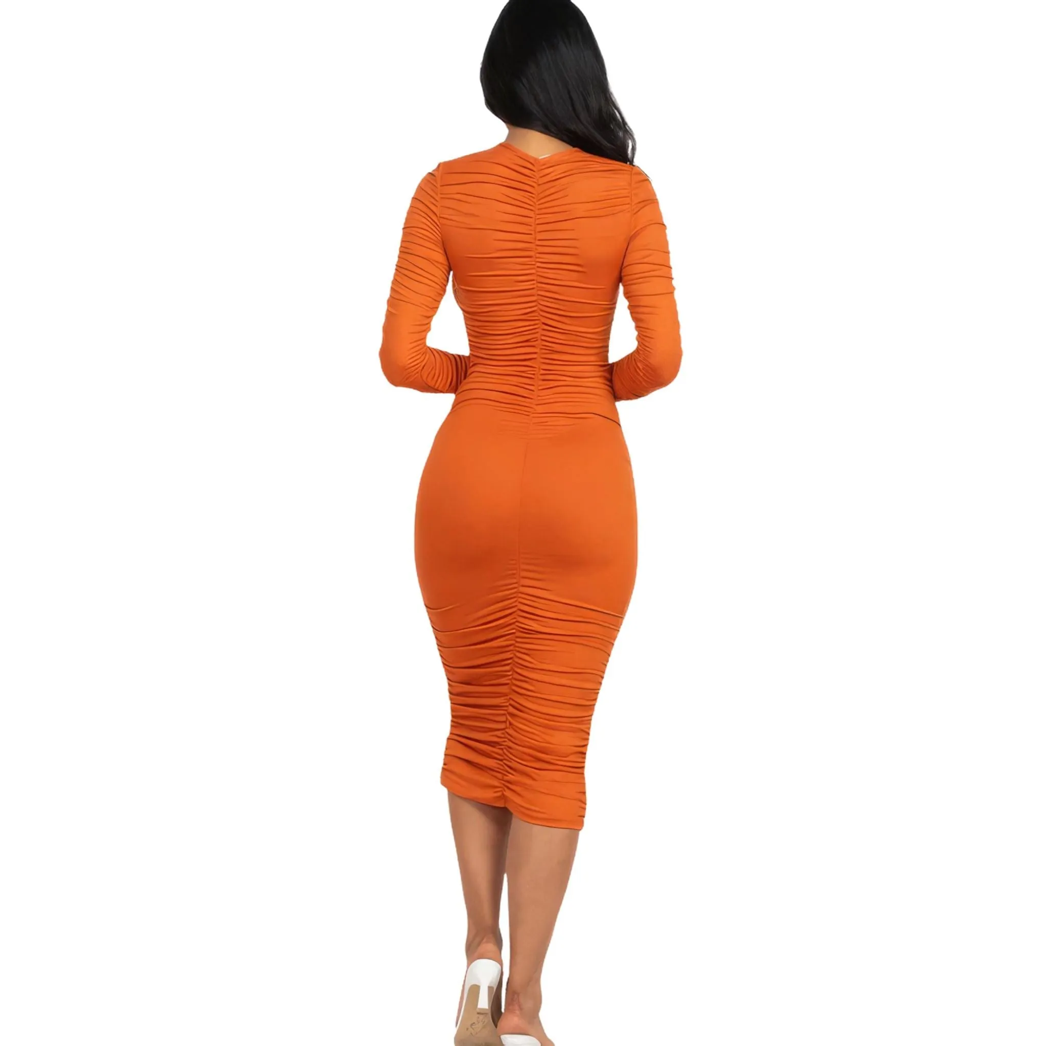 Women's Ruched Long Sleeve Midi Dress in Multiple Colors