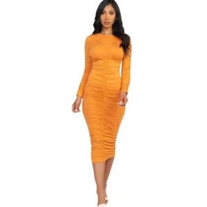 Women's Ruched Long Sleeve Midi Dress in Multiple Colors