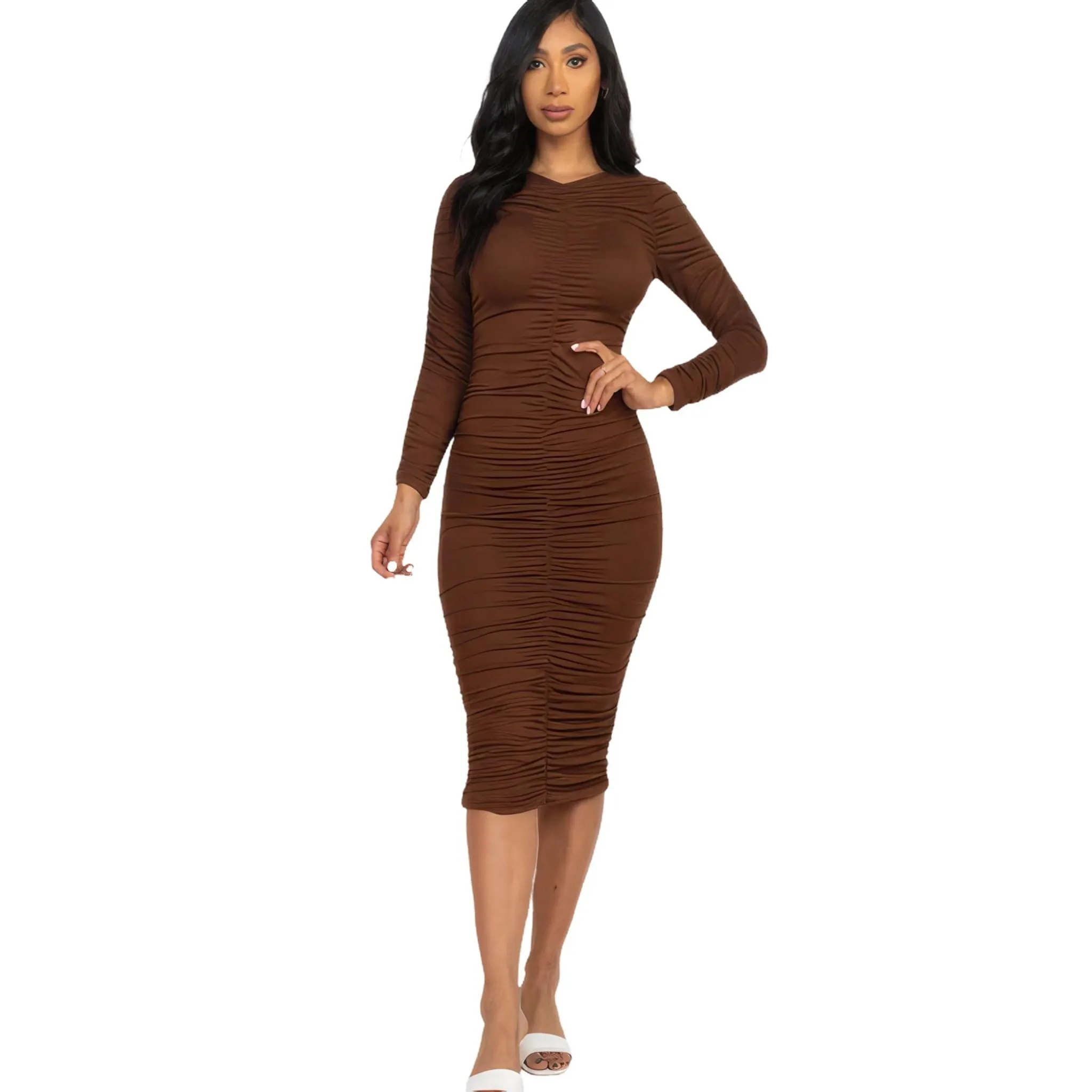 Women's Ruched Long Sleeve Midi Dress in Multiple Colors