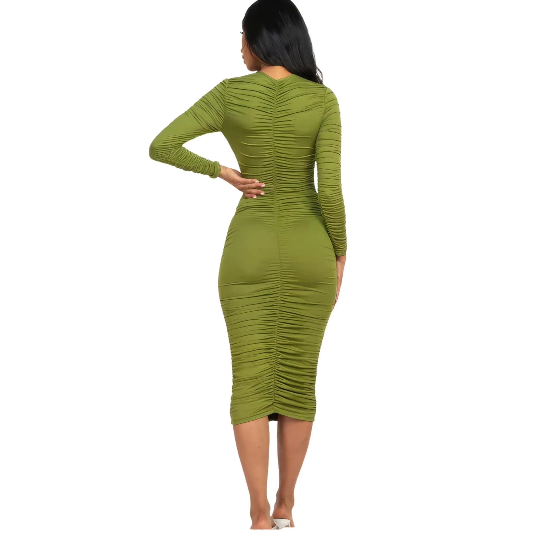 Women's Ruched Long Sleeve Midi Dress in Multiple Colors