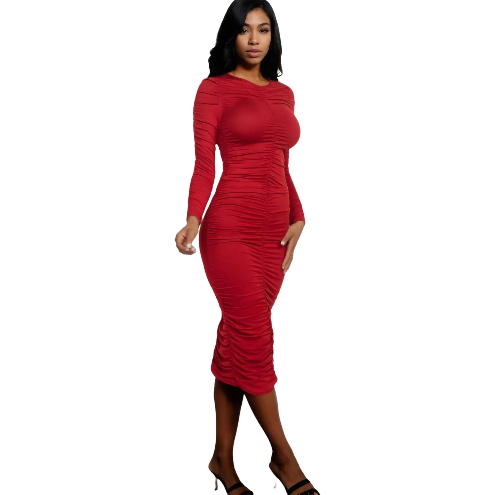 Women's Ruched Long Sleeve Midi Dress in Multiple Colors