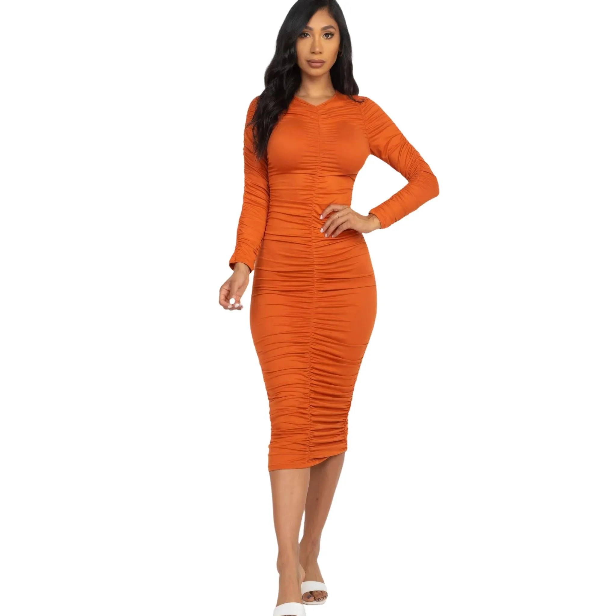 Women's Ruched Long Sleeve Midi Dress in Multiple Colors
