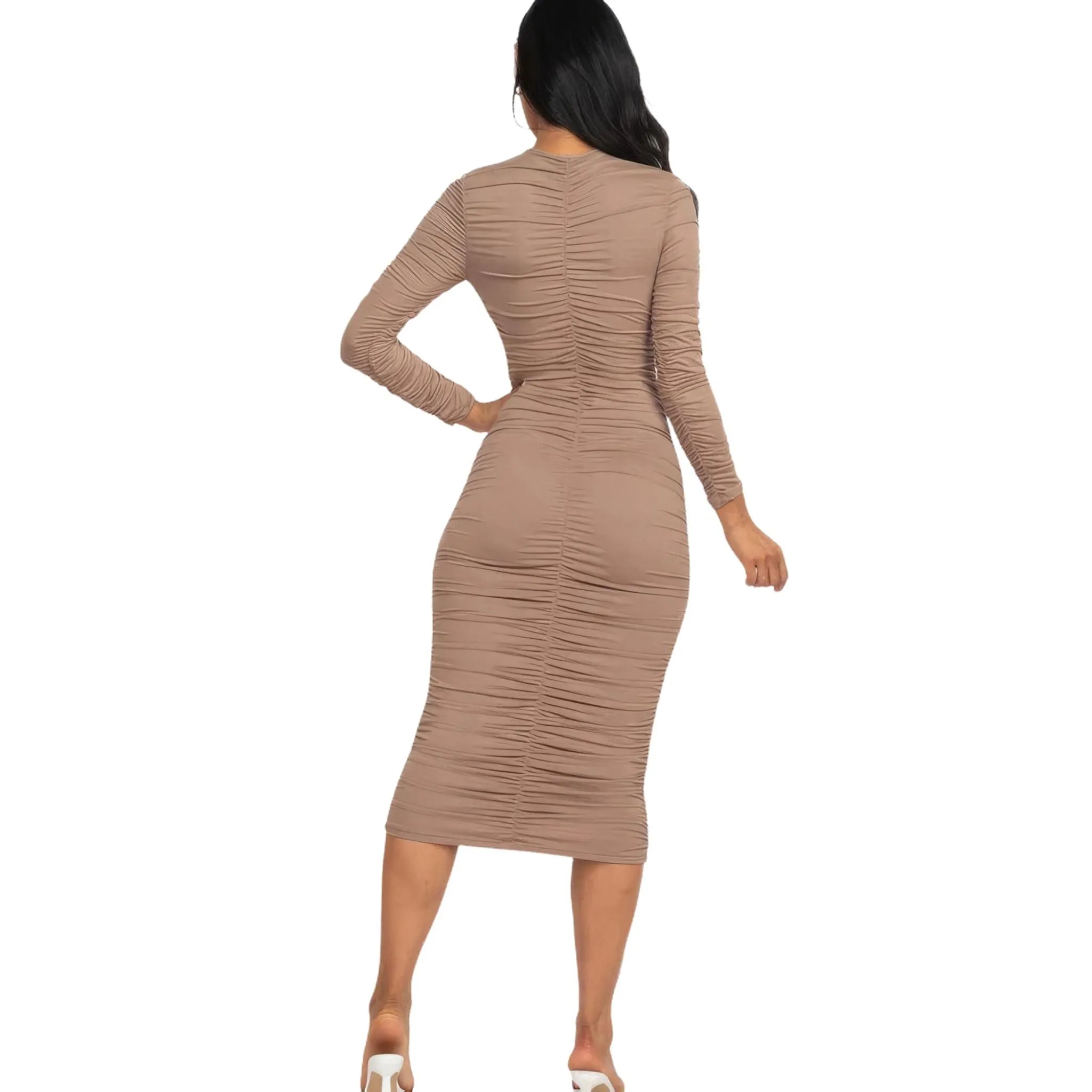 Women's Ruched Long Sleeve Midi Dress in Multiple Colors