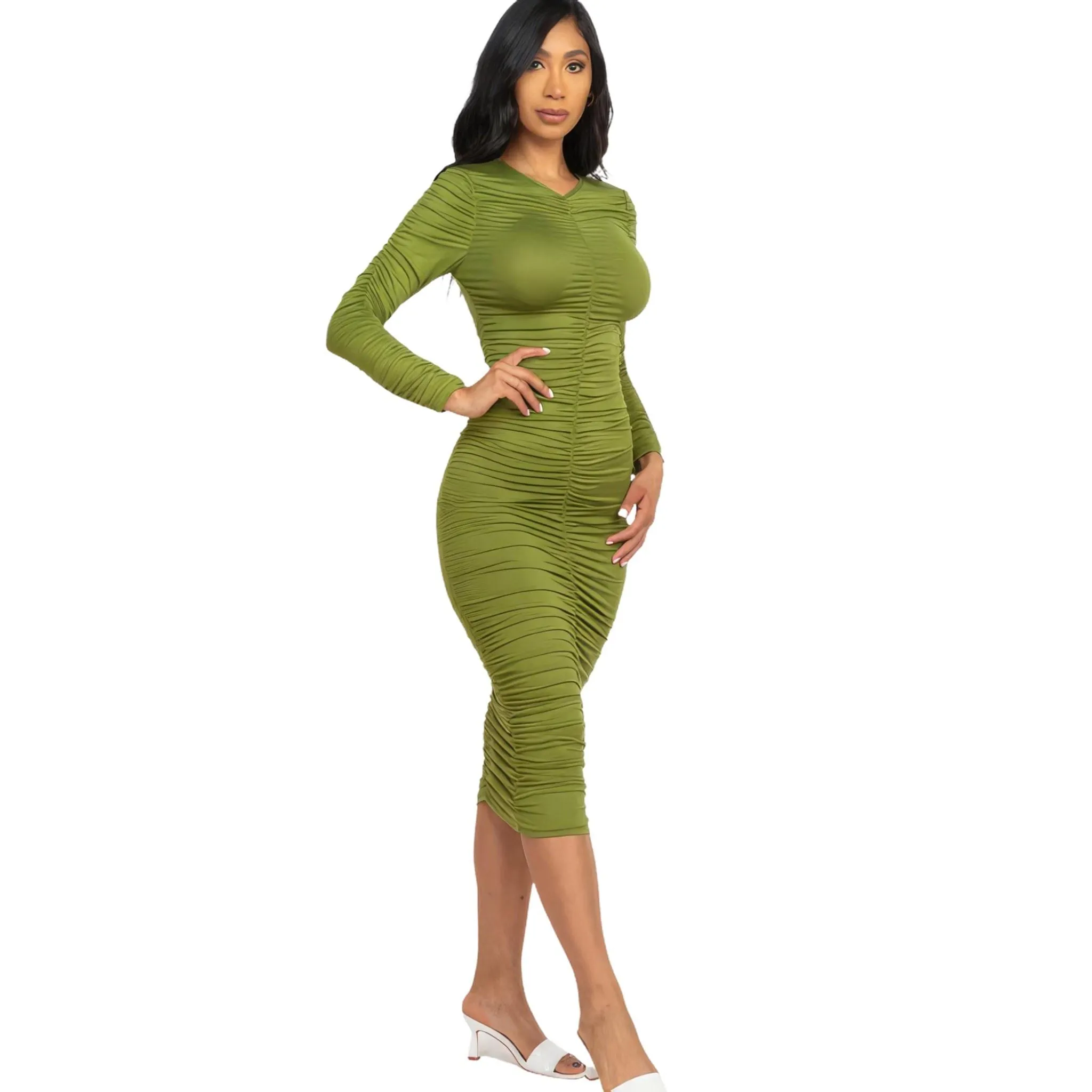 Women's Ruched Long Sleeve Midi Dress in Multiple Colors
