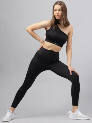 Women's self design one shoulder sports bra with front net panel