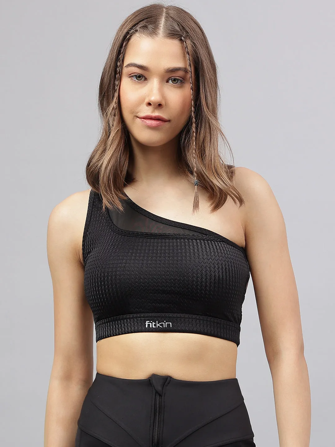 Women's self design one shoulder sports bra with front net panel