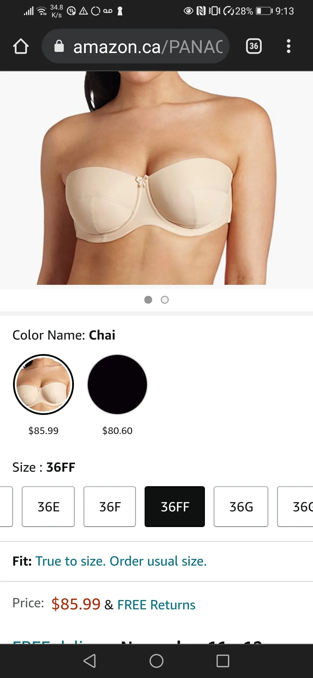 WOMENS SIZE 36FF - PANACHE, Evie 5320 Strapless Bra Chai VGUC B4