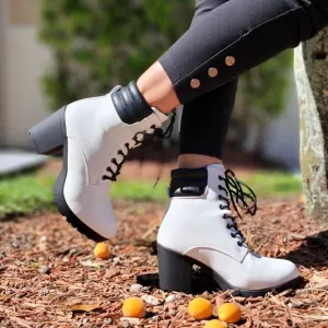 Women's White Chunky Block High Heel Ankle Booties