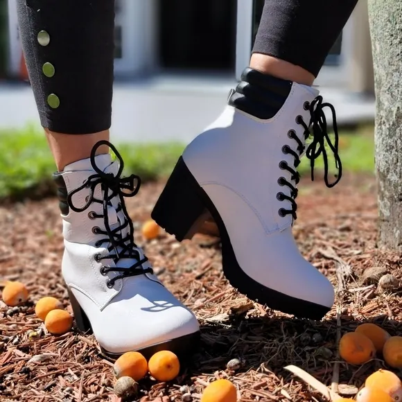 Women's White Chunky Block High Heel Ankle Booties