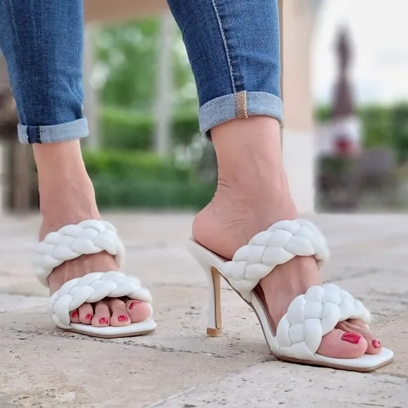 Women's White Double Braided Square Toe Mule Sandal