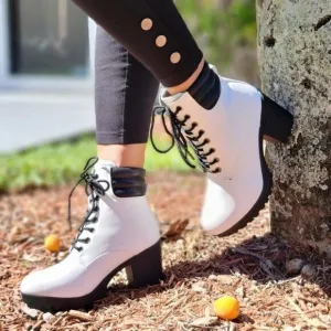 Women's White Chunky Block High Heel Ankle Booties
