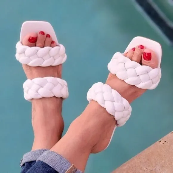 Women's White Double Braided Square Toe Mule Sandal