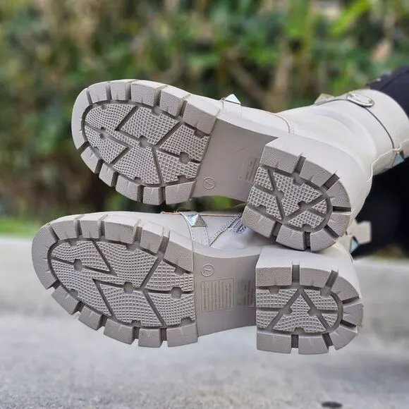 Women's Grey Pyramid Stud Ankle Combat Boot