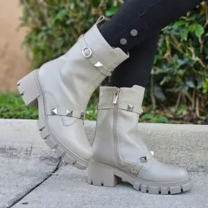 Women's Grey Pyramid Stud Ankle Combat Boot