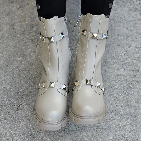 Women's Grey Pyramid Stud Ankle Combat Boot