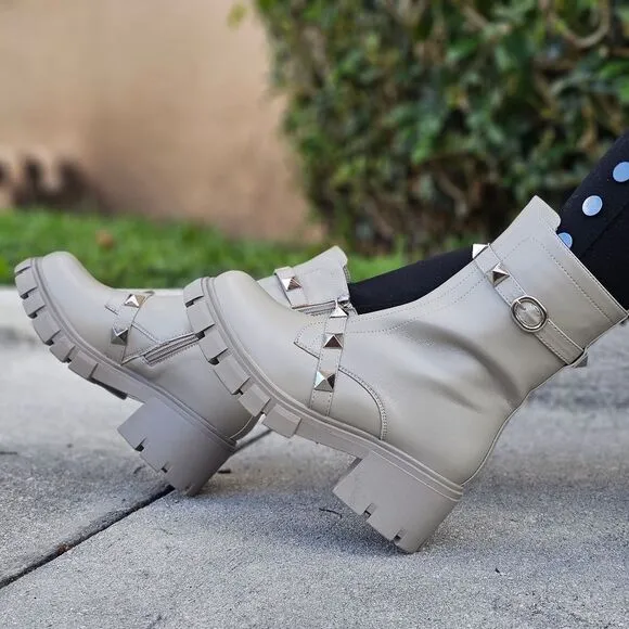 Women's Grey Pyramid Stud Ankle Combat Boot