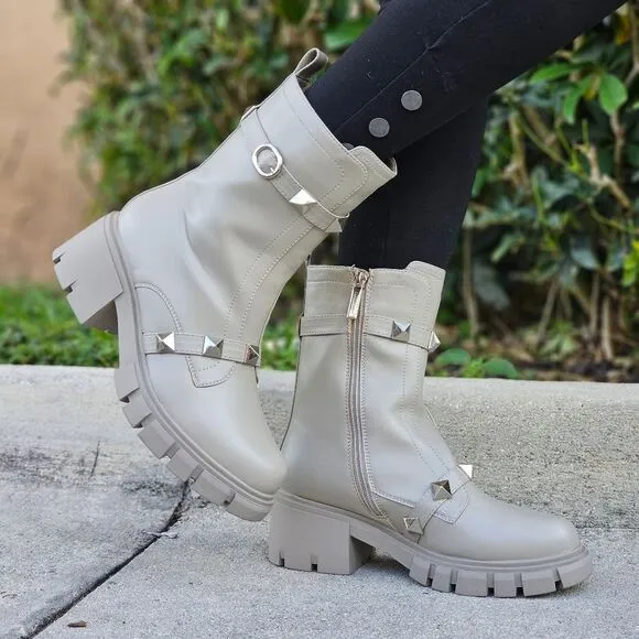 Women's Grey Pyramid Stud Ankle Combat Boot