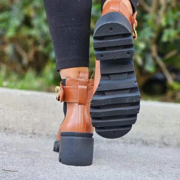 Women's Tan Combat Ankle Boots Heeled Booties