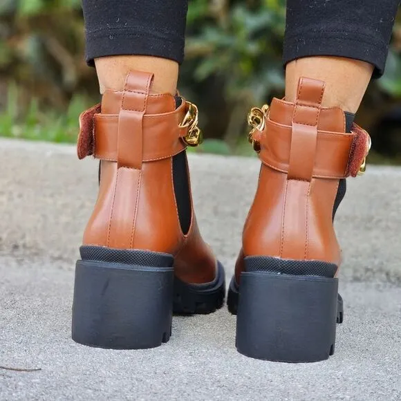 Women's Tan Combat Ankle Boots Heeled Booties