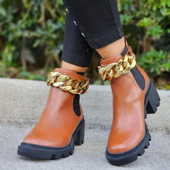 Women's Tan Combat Ankle Boots Heeled Booties