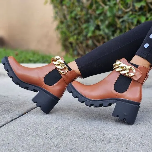 Women's Tan Combat Ankle Boots Heeled Booties