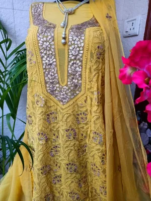 Yellow Heavy Fancy Pure Chinkari Gota Patti Salwar Kameez Fabric